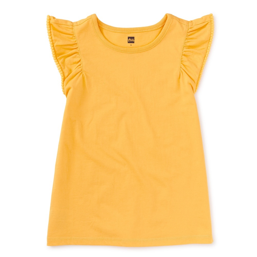 Tea Collection Pom-Pom Flutter Top Yellow Ruffle Sleeve Tee Size 16